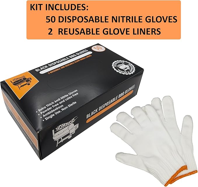 Black Disposable BBQ Grill Gloves Kit - 50 Heavy Duty Textured Grip and 2 Heat Resistant Reusable Liners Meat Pulling
