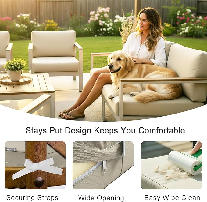 NettyPro Patio Chair Seat Cushion Covers Set 4, Waterproof Outdoor Furniture Cushion Slipcovers with Zipper and Tie, 27 x 25 x 5 Inch, Replacement Cover Only, Khaki