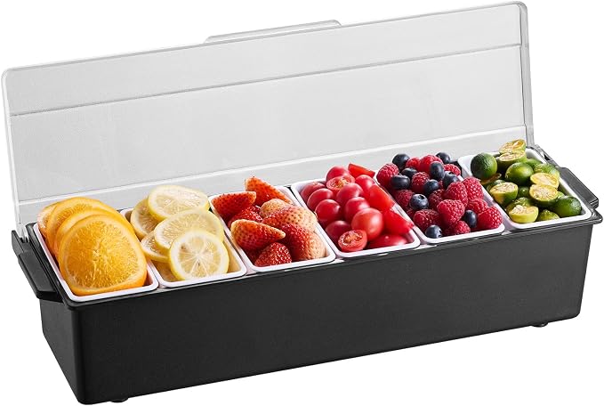 VEVOR Ice Cooled Condiment Serving Container, 6 Compartments Chilled Server, Fruit Veggie Condiment Caddy, Plastic Garnish Station Lid Dispenser Tray, for Bartending & Serving Taco Restaurant Supplies