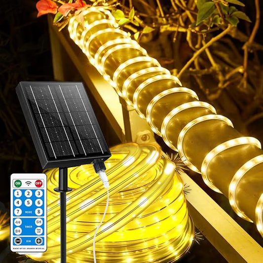 Larger Tube Solar Rope Lights with Remote,39FT 200LEDs Outdoor Solar Strip Lights,IP67 Waterproof USB Charging Solar String Lights, Timing & 8 Modes Fairy Light for Garden Patio Tree (Warm White)