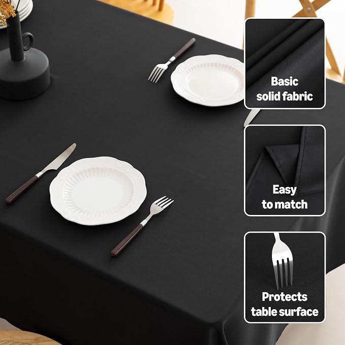 Amazon Basics Thin Rectangle Tablecloths, Water-Resistant Textured Fabric, Wrinkle Resistant, Washable Decorative Table Cover for Dining, Parties, 60" x 104", Black, Pack of 2