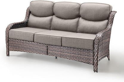 Luxury Patio Sofa 3-Seat Wicker Couch with 6" Thick Cushion - Outdoor Furniture Rattan Sofa with Deep Seating High Back Outdoor Sofa for Patio Garden Balcony Sunroom Backyard, Brown Grey
