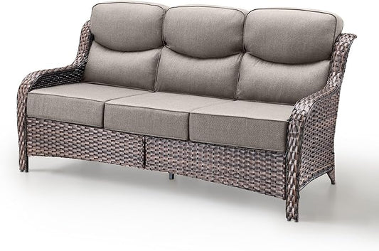 Luxury Patio Sofa 3-Seat Wicker Couch with 6" Thick Cushion - Outdoor Furniture Rattan Sofa with Deep Seating High Back Outdoor Sofa for Patio Garden Balcony Sunroom Backyard, Brown Grey