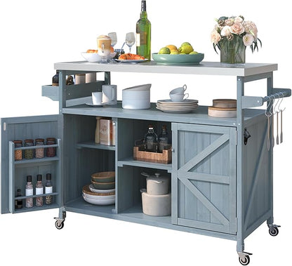 Outdoor Kitchen Island with Stainless Steel Top, Rolling Grill Cart with Storage Cabinet, Farmhouse Solid Wood Prep Station with Spice & Towel Rack for Patio BBQ.Suitable for backyards, etc.