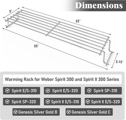 Uniflasy 25" Stainless Steel Warming Rack for Weber Spirit 300, Grill Parts for Weber Spirit 2 300 Series Grills with Front Control Knobs, Replacement Part for 7641