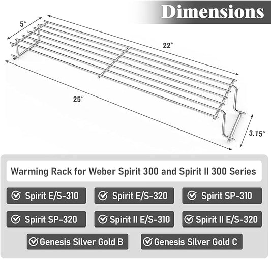 Uniflasy 25" Stainless Steel Warming Rack for Weber Spirit 300, Grill Parts for Weber Spirit 2 300 Series Grills with Front Control Knobs, Replacement Part for 7641