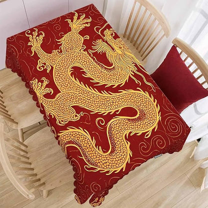 Dragon Decorative Tablecloth, Chinese Dragon Golden Red Kitchen Table Cover Oblong 52"X70" Tablecloths Dining Table Cloth Decor for Buffet Parties Patio and Camping