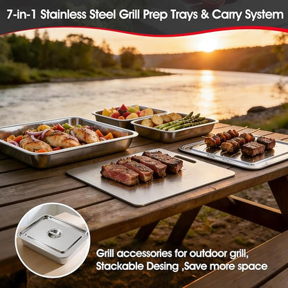 7-in-1 Grill Carry System, Stainless Steel Grill Prep Trays | Large Lidded Marinating Containers, Cutting Board, 2 Food Storage Containers with Lids, Stackable BBQ Gifts for Men