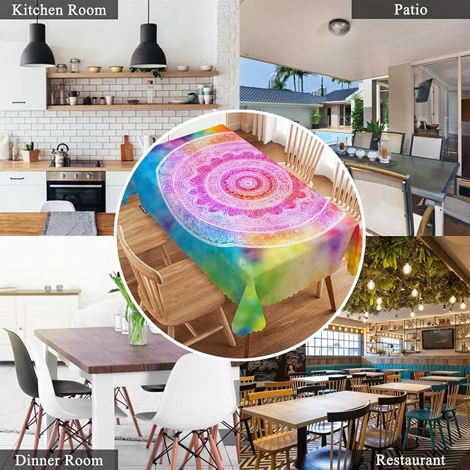 Swono 52x70 Inch Mandala Tablecloth Vintage Mandala Floral Rainbow Tie Dye Farmhouse Dining Table Cloth Anti-Stain Talking Table Cover for Kitchen Dinning Room Coffee Store