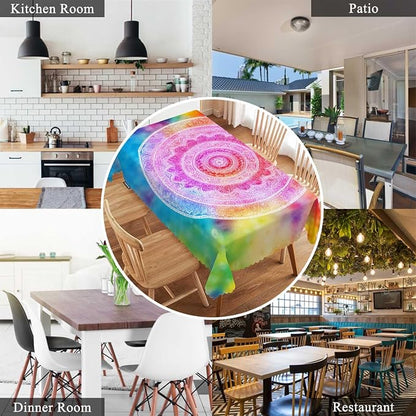 Swono 52x70 Inch Mandala Tablecloth Vintage Mandala Floral Rainbow Tie Dye Farmhouse Dining Table Cloth Anti-Stain Talking Table Cover for Kitchen Dinning Room Coffee Store