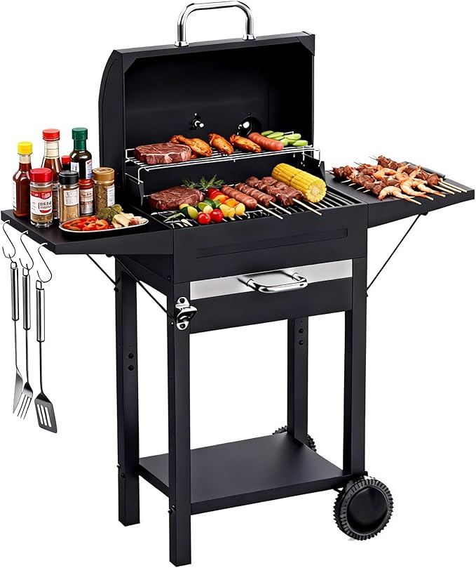 Charcoal Grills with Two Side Tables, 20-In Outdoor Smoker Barbecue Bbq Grill with 334 Sq. In Cooking Area for Camping, Patio,Backyard Party, Picnic, Black