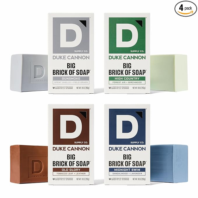 Duke Cannon Supply Co. Big Brick of Soap Bar, Frontier 40 - Fresh Cut Pine, Leaf & Leather, Campfire & Midnight Swim, Extra Large, Masculine Scents, 10 oz. (Variety, 4 Pack)