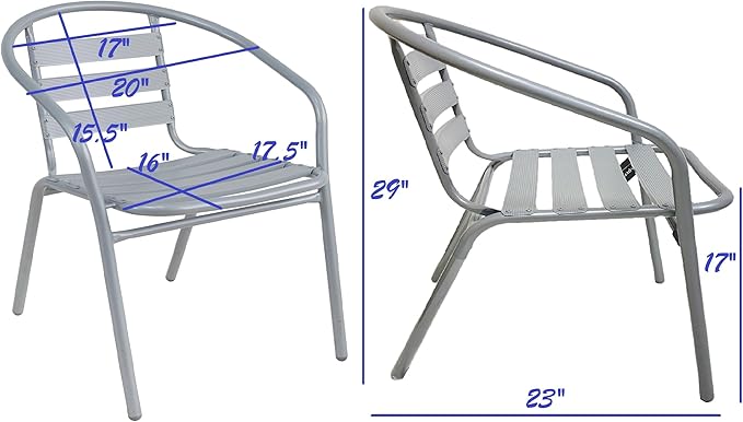BTEXPERT Indoor Outdoor 23.75" Restaurant Stainless Steel Aluminum + 2 Silver Gray Metal Slat Stack Commercial Lightweight, 2 Chairs with a Square Table