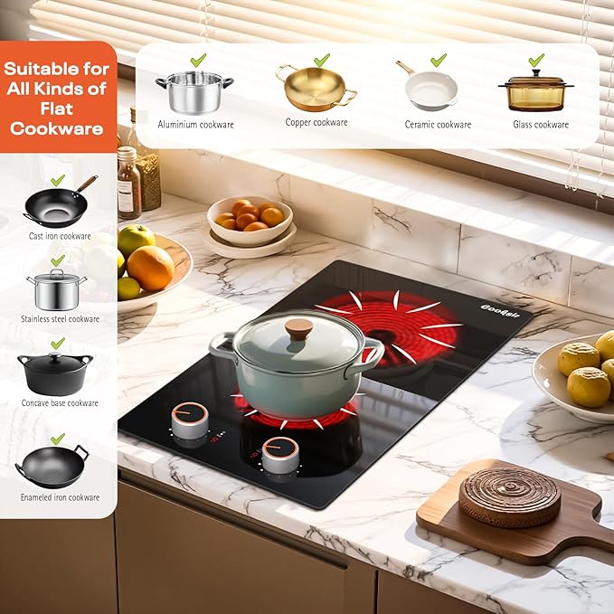 Electric Cooktop 2 Burner - 12 Inch 2000W Electric Stove Built-in & Countertop, Two Burner Ceramic Cooktop with Knob Control, 9 Power Level, Over Heat Protection, 110-120V Plug in (Red Konb)