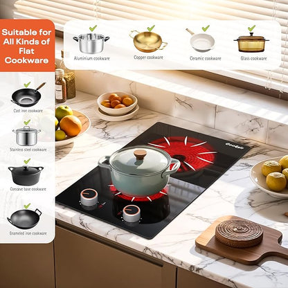 Electric Cooktop 2 Burner - 12 Inch 2000W Electric Stove Built-in & Countertop, Two Burner Ceramic Cooktop with Knob Control, 9 Power Level, Over Heat Protection, 110-120V Plug in (Red Konb)
