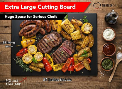 Thirteen Chefs Extra Large 24 x 18 Black Cutting Board - 1/2" Thick HDPE Plastic for Restaurants and Professional Kitchens