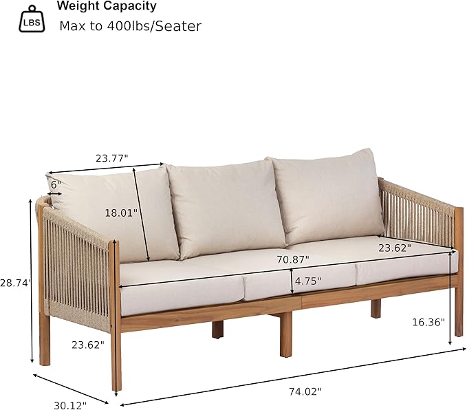 Christopher Knight Home Bubi Acacia Wood Outdoor 3 Seater Sofa with Cusion, Solid Wood Patio Sofa with Woven Rope Accents, Comfy Lounge Sofa for Patio Furniture Set, Teak+Beige