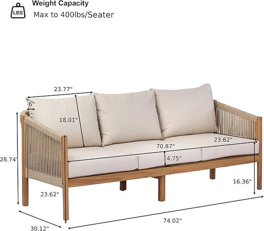 Christopher Knight Home Bubi Acacia Wood Outdoor 3 Seater Sofa with Cusion, Solid Wood Patio Sofa with Woven Rope Accents, Comfy Lounge Sofa for Patio Furniture Set, Teak+Beige