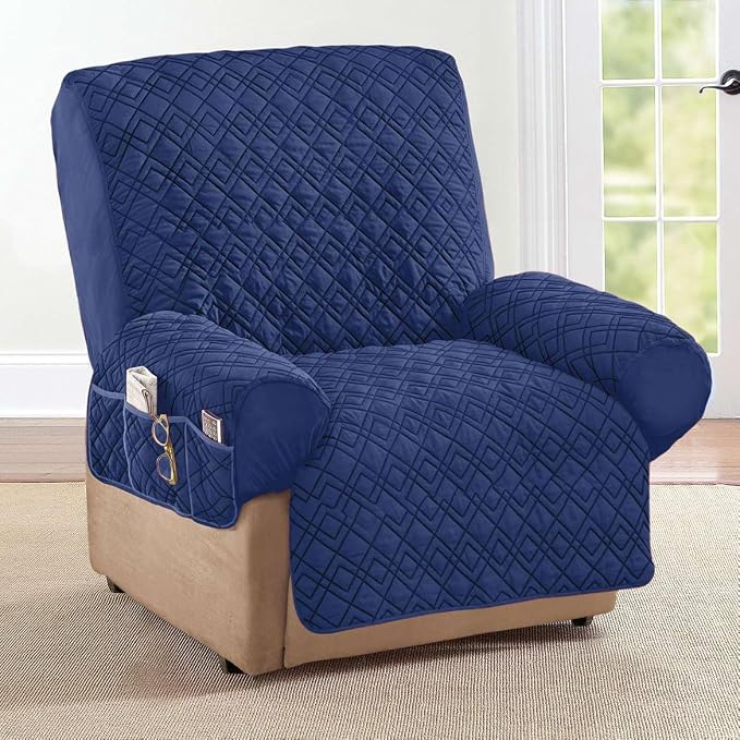 Collections Etc Diamond-Shape Quilted Stretch Recliner Cover with Storage Pockets and Elastic Straps - Furniture Protector | Storage Pockets and Elastic Straps - Furniture Protector