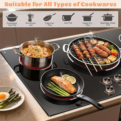 36 Inch Electric Cooktop 220V, 9200W Powerful 5 Burner Electric Stove Top, Built-in Ceramic Cooktop 36" with Dual/Triple Ring Burner, Knob & Touch Control, Safety Lock, 220-240V Hard Wire