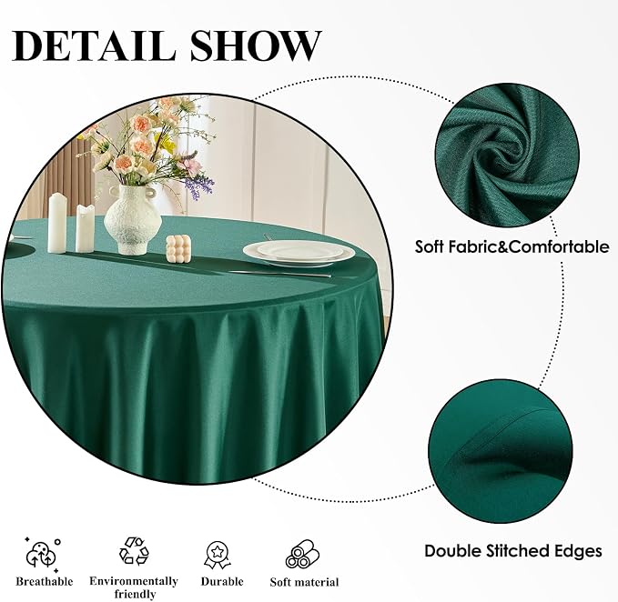 2 Pack Dark Green Round Tablecloths 132 Inch for Dining Tables | Washable Decorative Linen Polyester Table Cover for Banquets Buffets Parties and Weddings