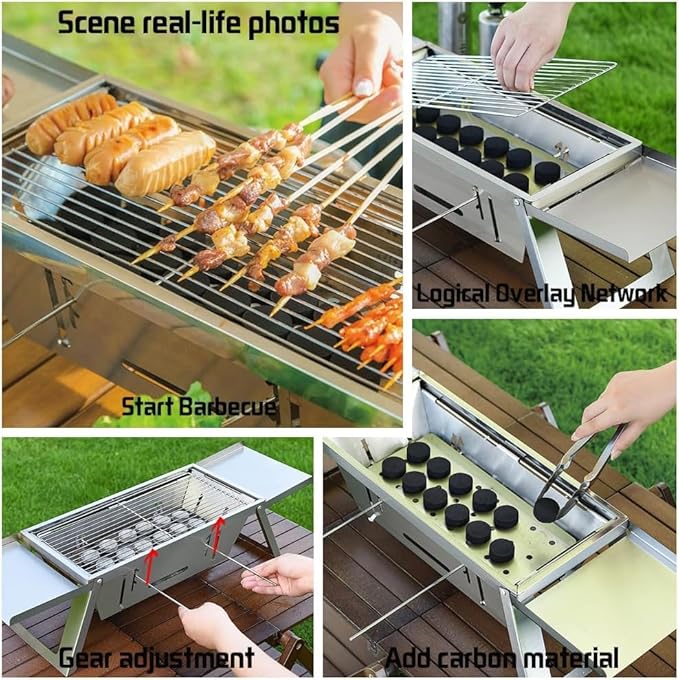 Portable Charcoal BBQ Grill for 3-6 People, Foldable Stainless Steel Grill with Windproof Design & Adjustable Height, Quick Setup Camping Picnic Stove for Backyard Travel