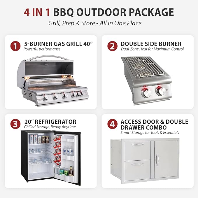 BLAZE BBQ Outdoor Package of 40” LTE Built-in Gas Grill, LTE Built-In Double Side Burner, 32” Door & Two Drawers Combo, 20” Refrigerator and Accessories (Grill Cover, Fridge Trim, and Rotisserie Kit)