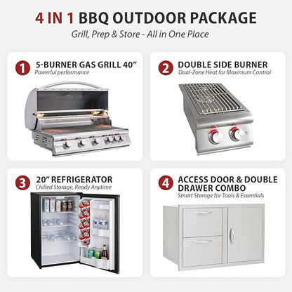 BLAZE BBQ Outdoor Package of 40” LTE Built-in Gas Grill, LTE Built-In Double Side Burner, 32” Door & Two Drawers Combo, 20” Refrigerator and Accessories (Grill Cover, Fridge Trim, and Rotisserie Kit)