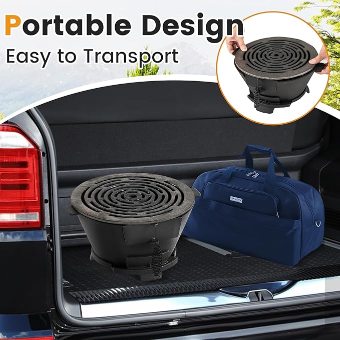 Hibachi Grill, Portable Cast Iron Charcoal Grill with Air Regulating Door & Fire Gate, Grate Lifter, Small Tabletop Japanese Yakitori Grill for Outdoor Camping, Picnic, Party (Round)