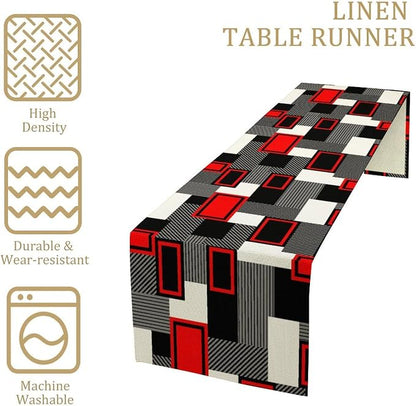 Red Gray Black Table Runners for Tabletop Decorations Mid Century Modern Abstract Geometry Lattice for Dinning Holiday Party Indoor Outdoor Decor, Abstract Lines 13x108in