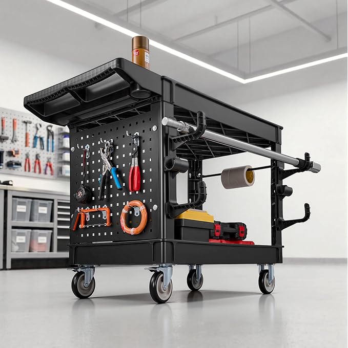 VEVOR Utility Cart with Tray & Pegboard, 44.8 x 24in 2 Tier Service Cart with 360° Swivel & Fixed Wheels (2 Brakes), 550 LBS Work Cart Tub Storage W/Deep Shelves, Tool Storage for Garage Warehouse