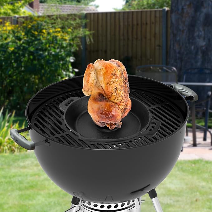 Charkettle Cast Iron Poultry Roaster Insert for Gourmet BBQ System | Beer Can Chicken Holder with Roasting Pan, Vertical Roaster Stand, Fit for 22" Kettle Grills/Oven/Smoker