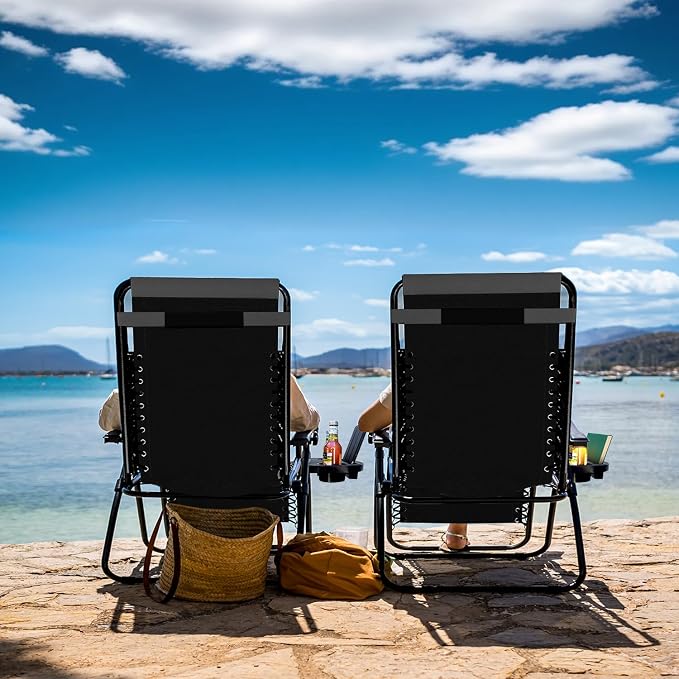 Nestl Padded Oversized Zero Gravity Chair, XL Outdoor Lounge Chair Set of 2 | Adjustable Headrest, Cup Holder & Side Tray, Support 330 LBS, Anti Gravity Reclining, For Patio, Camping & Beach, Black/Grey