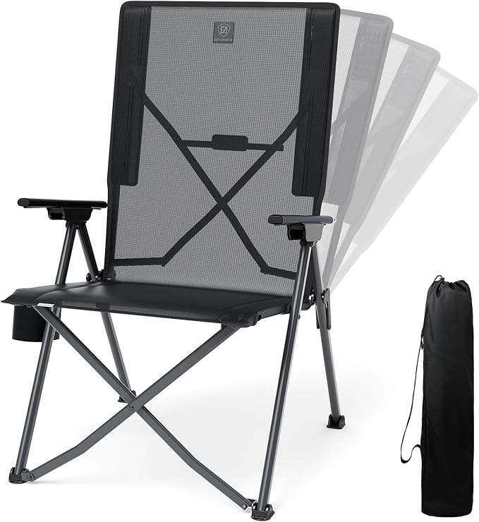 EVER ADVANCED Teslin Reclining Camping Chairs for Adult Lightweight, Portable Compact Folding Chair with Adjustable Back, 4-Level Recliner Chairs, Lawn Chair for Patio Balcony, Supports 300lbs, Black