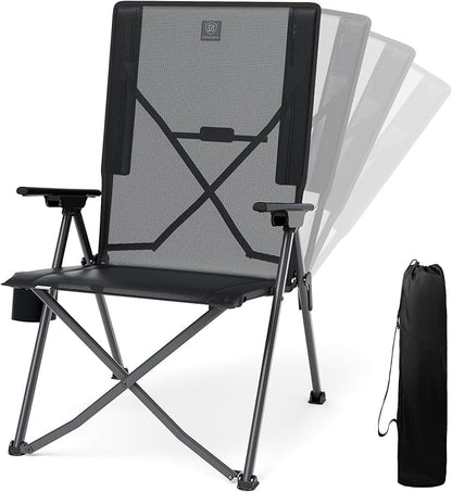 EVER ADVANCED Teslin Reclining Camping Chairs for Adult Lightweight, Portable Compact Folding Chair with Adjustable Back, 4-Level Recliner Chairs, Lawn Chair for Patio Balcony, Supports 300lbs, Black
