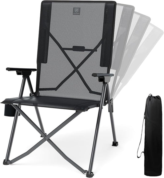 EVER ADVANCED Teslin Reclining Camping Chairs for Adult Lightweight, Portable Compact Folding Chair with Adjustable Back, 4-Level Recliner Chairs, Lawn Chair for Patio Balcony, Supports 300lbs, Black