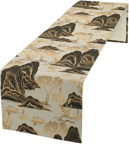 Japanese Table Runner Oriental Gold Pine Tree Vintage Asian Chinese Traditional Chinoiserie Mountains Dinner Runner for Home Kitchen Dining Table Holiday Party 13x120in