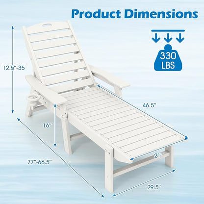 Giantex Lounge Chair Outdoor, Oversized Chaise Lounge Chair with 4-Position Backrest, Rotatory Cup Holder, Weatherproof HDPE Patio Lounge Chair for Outside Garden Deck Poolside Backyard, White (1)