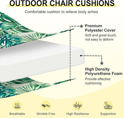 downluxe Outdoor Chair Cushions Set of 4 for Patio Furniture, Water-Resistant Square Corner Patio Chair Cushions with Ties, High Density Foam Outdoor Seat Cushion, 18.5" X 16" X 3", Palm Leaves