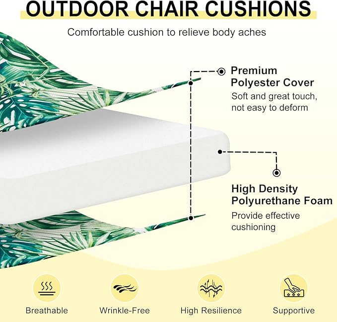downluxe Outdoor Chair Cushions Set of 4 for Patio Furniture, Water-Resistant Patio Chair Cushions with Ties, High Density Foam Outdoor Seat Cushion, 17" X 16" X 2", Palm Leaves