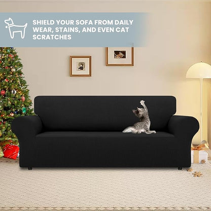 LURKA Stretch Couch Cover for Sofa, 1 Piece 3 Cushion Slipcover, Black | Soft Stretch Jacquard, Fits 78"-94" Sofas, Elastic Bottom for Secure Fit, Machine Washable, Pet & Kid Friendly