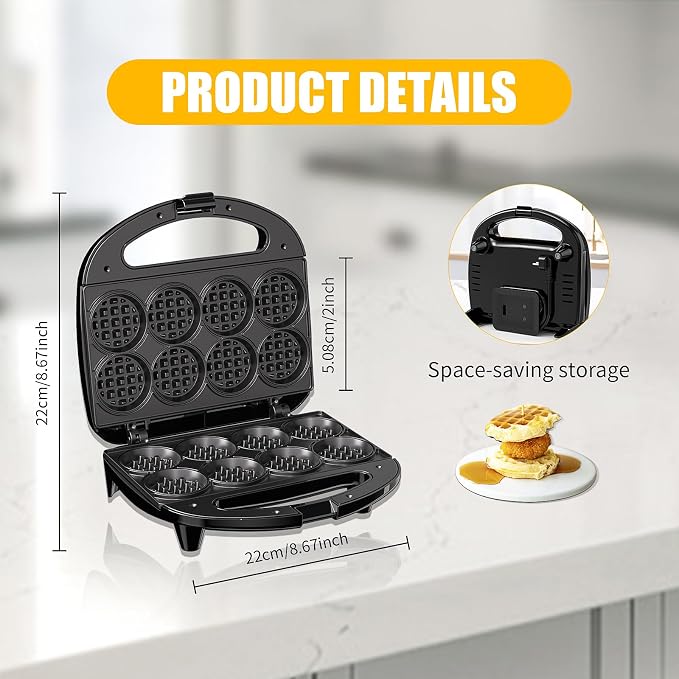 OSTBA Mini Waffle Maker, Makes 8 Mini Waffles, Small Waffle Iron | 750W Heating with Nonstick Plates, Indicator Lights, Cool-Touch Handle, Compact Storage and Easy-Clean Design