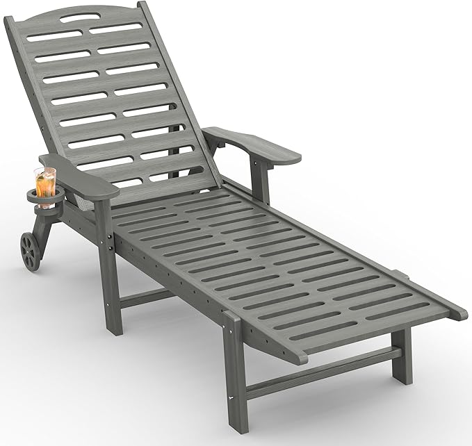 Lounge Chair Outdoor with Wheels & Cup Holder, 5-Position Adjustable Heavy Duty Patio Lounge Chair, HDPE Outdoor Chaise Lounge, 350 lbs Capacity, All Weather for Poolside, Deck, Backyard (Grey)