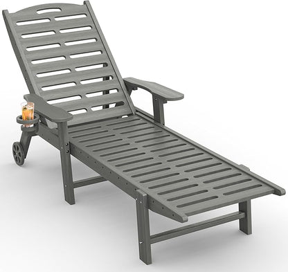 Lounge Chair Outdoor with Wheels & Cup Holder, 5-Position Adjustable Heavy Duty Patio Lounge Chair, HDPE Outdoor Chaise Lounge, 350 lbs Capacity, All Weather for Poolside, Deck, Backyard (Grey)