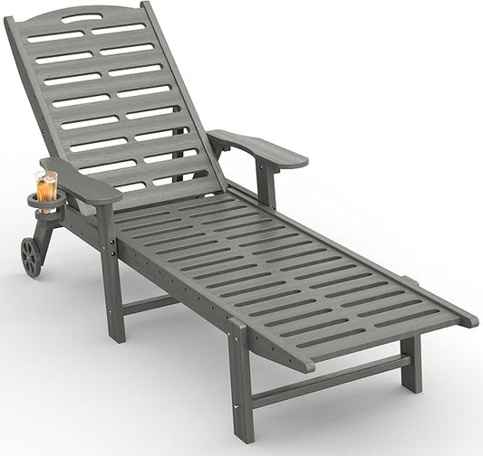 Lounge Chair Outdoor with Wheels & Cup Holder, 5-Position Adjustable Heavy Duty Patio Lounge Chair, HDPE Outdoor Chaise Lounge, 350 lbs Capacity, All Weather for Poolside, Deck, Backyard (Grey)