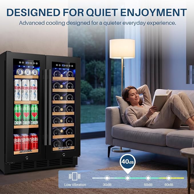 24 Inch Wine and Beverage Refrigerator Dual Zone Wine Fridge Beverage Cooler Holds 88 Cans and 20 Bottles, Seamless Frame, Built-In or Freestanding with Glass Door for Kitchen, Home Bar