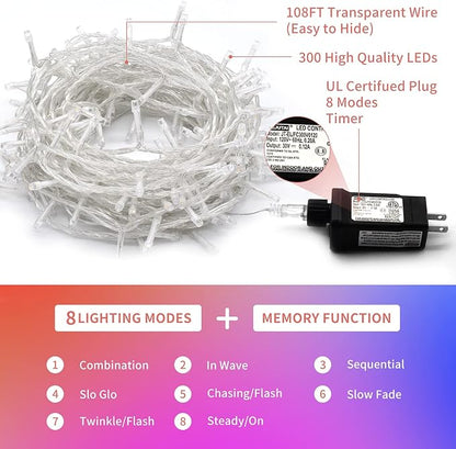 JMEXSUSS 300 LED Multicolor Christmas Tree Lights Clear Wire Plug in | Indoor Outdoor Use 8 Modes Timer for Christmas Tree Room Party Decoration
