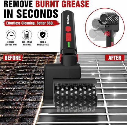 Electric Grill Brush, Rechargeable USB BBQ Grill Cleaner with 3-Speed & 3 Heads, 150+ Min Runtime, Waterproof & Heat Resistant, Cordless Rotary Grill Brush for Outdoor Barbecue Grates