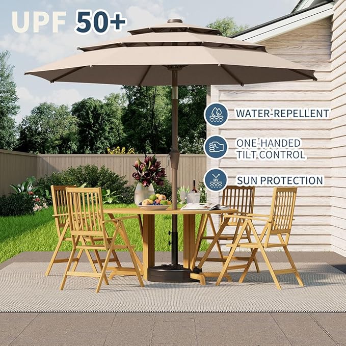 10FT Patio Umbrella 3 Tiers Outdoor Market Umbrella w/Push Button Tilt, Crank, UV and Waterproof Table Umbrella for Garden, Pool, Backyard, Deck, Lawn, Beige