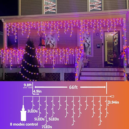QITONG Orange and Purple Halloween Lights, 99ft 1200 LED Icicle Lights for Outside Plug in, Clear Wire String Light Indoor with 8 Modes